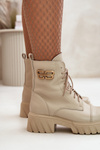 Zazoo 60486 Leather Ankle Boots Workers Insulated With Gold Detail Light Beige