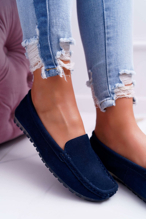 Women's Suede Leather Moccasins Navy Blue Tenzion