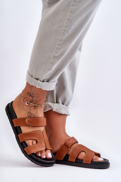 Leather Classic Women's Slippers With Velcro Brown Amedon