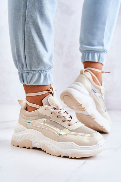 Sneakersy Buty Sportowe Damskie Błyszczące Beżowe Callisto