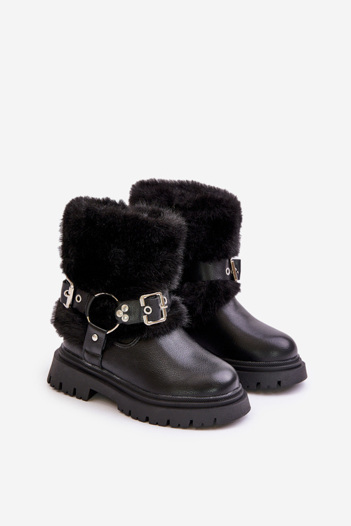 Eco Leather Girls Boots With Fur And Buckles Black Cartemes
