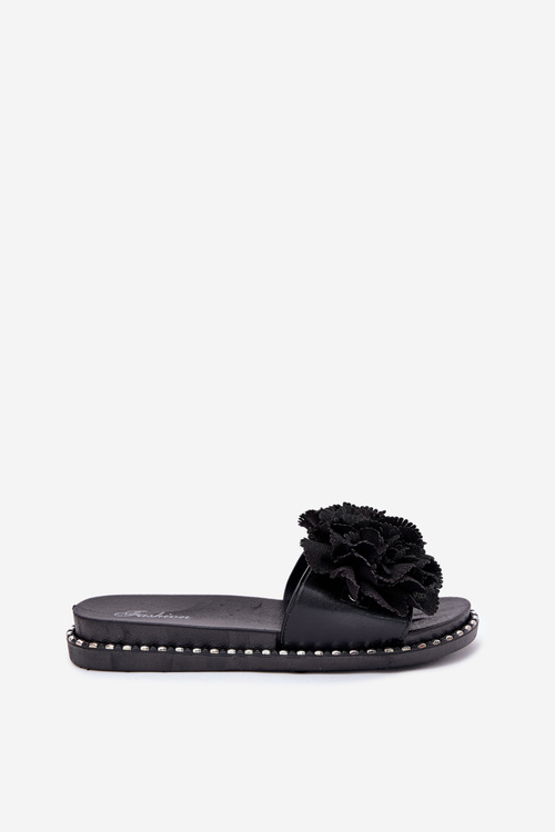 Women's Slippers With Fabric Flowers Black Elachase