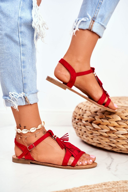 Women's Flat Suede Sandals Boho Red Lucami