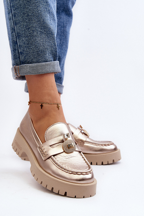 Leather Loafers with CheBello 4291 Gold Decoration