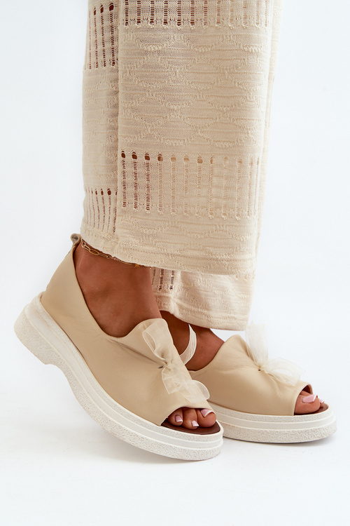 Damskie Sandały Skóra Naturalna Kokardka Jasnobeżowe Zazoo 2939