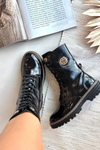 Patent leather women's work boots with gold detail insulated black Dorialine