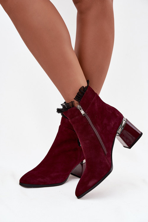 Suede Leather Women's Ankle Boots On Heel With Decoration Insulated D&A MR52-127 Bordeaux