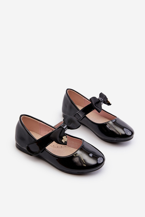Children's patent leather ballerina flats with bow and Velcro black cat