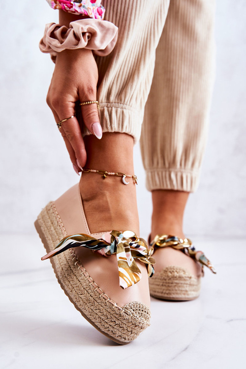 Espadryle Skóra Damskie Ozdobny Łańcuch Beżowe Fancy