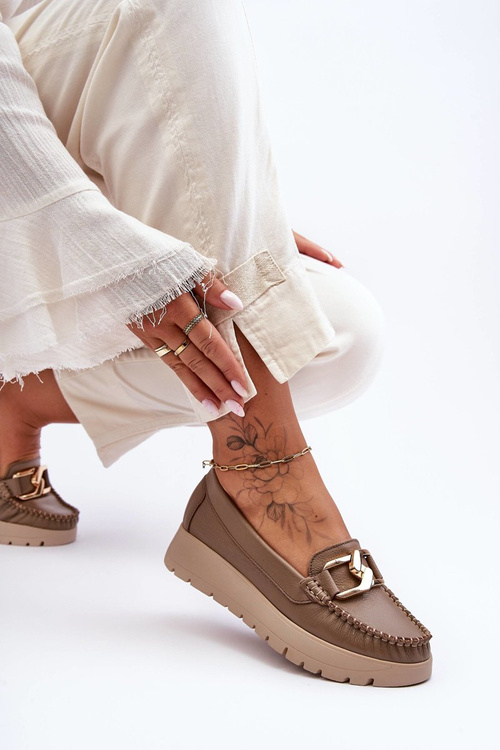 Zazoo 10141 Leather loafers on platform with decoration dark beige