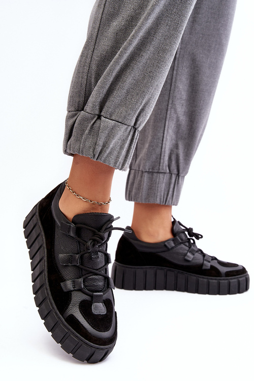 Buty Sportowe Damskie Skóra Platforma Czarne M01/1 Zazoo