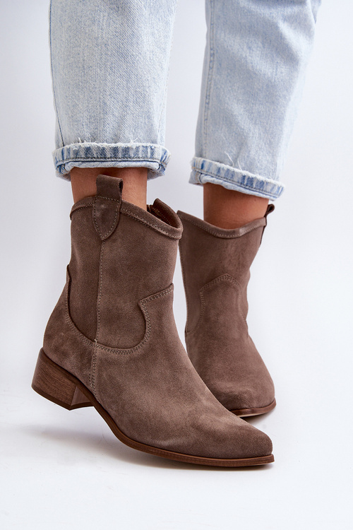 Zazoo 3329 Suede Cowboy Ankle Boots Low Heel Dark Beige