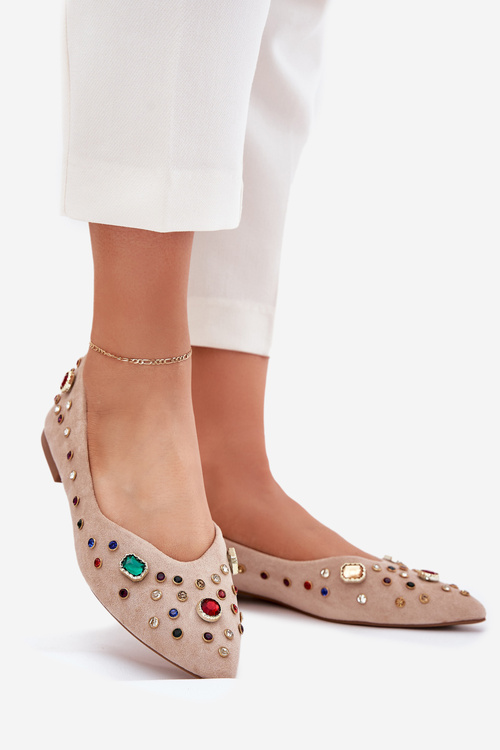 Damskie Baleriny Z Kryształkami Eko Zamszowe Beżowe Valena