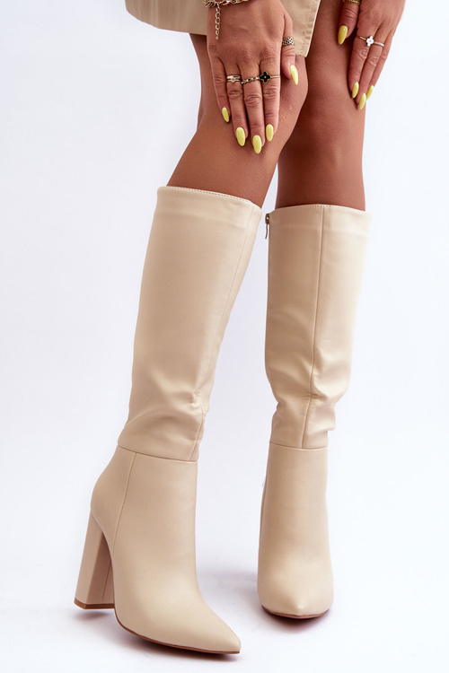 Leather Heeled Boots Elegant Beige Eudonice