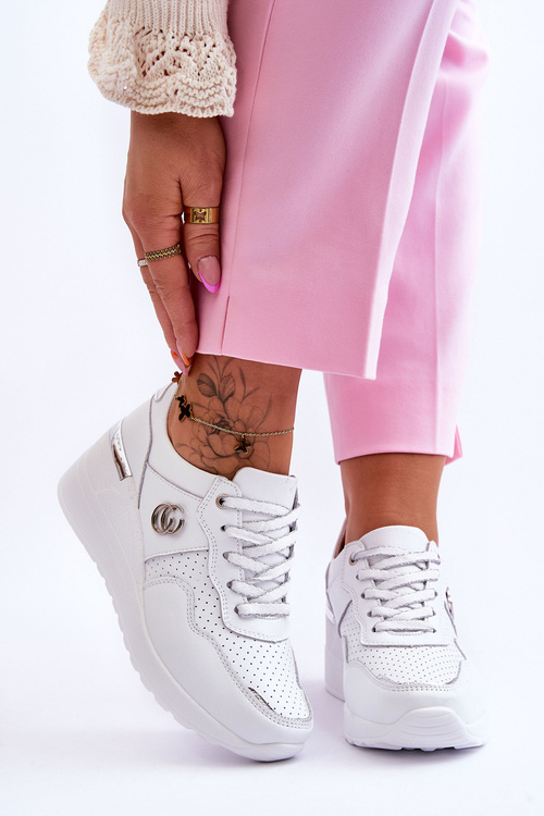 Buty Sportowe Damskie Skóra Koturn Biało-Srebrne Rebeca