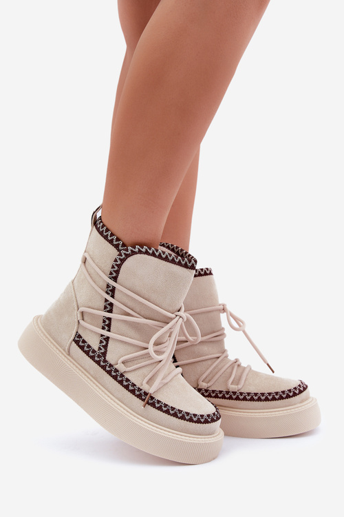 Damskie Śniegowce Platforma Haft Jasnobeżowe Naleris