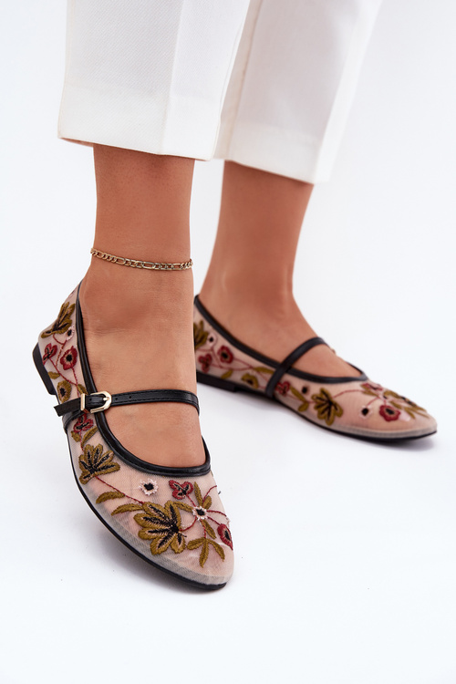 Ballet Flats With Embroidery And Strap Black Lilindraen