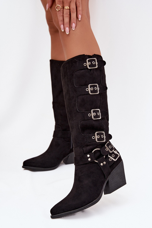 Cowboy Boots with Block Heel with Buckles Black Fivelle