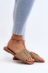 Flat Women's Slippers with Weave and Decoration Beige Omenna
