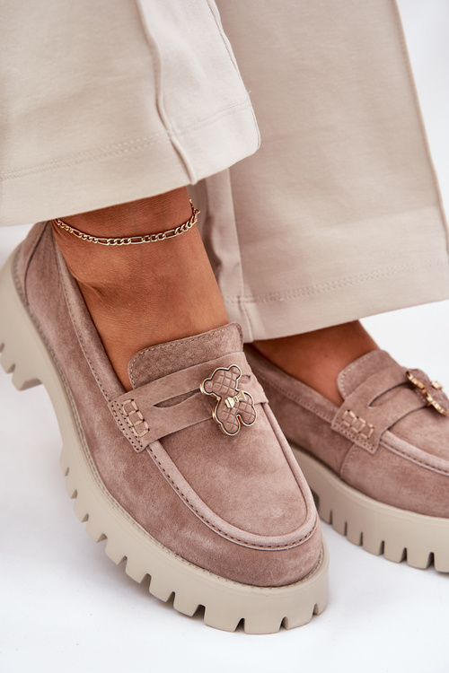 Suede Women's Moccasins With A Bear Emblem Vinceza 79533 Beige