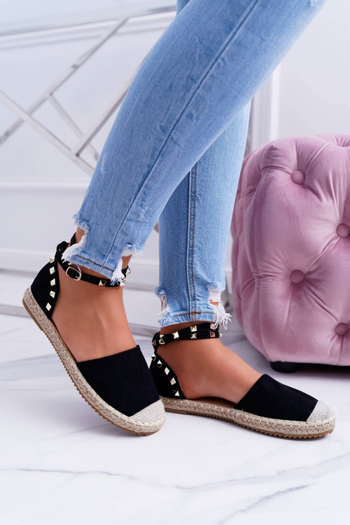 Black Suede Ballerina Espadrilles with Studs Christelle