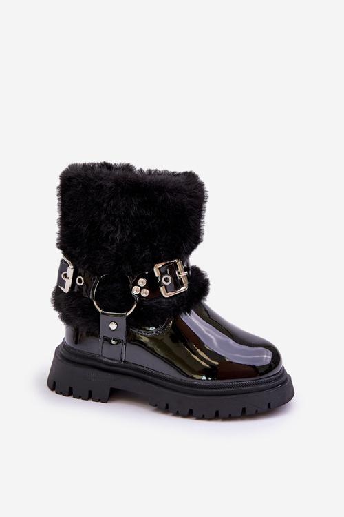 Lacquered Girls Boots With Fur And Buckles Black Cartemes