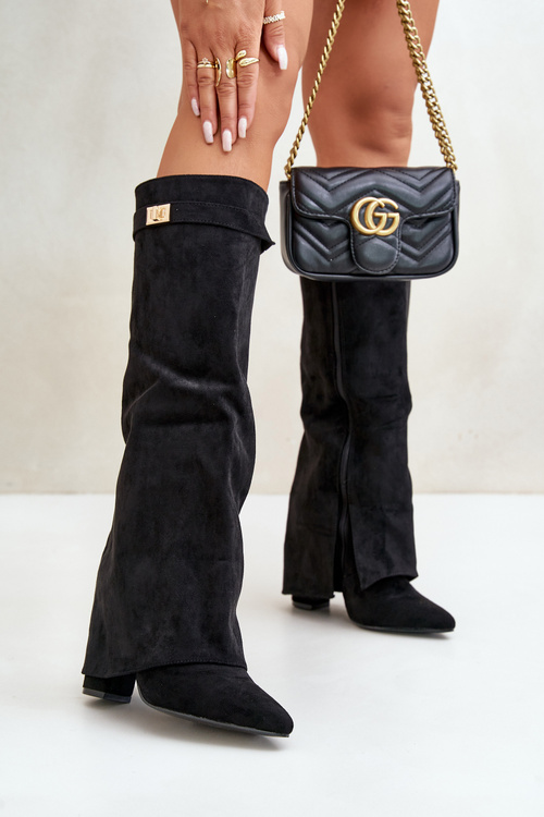 Women's Eco Suede Boots With Rolled Shaft On Heel Black Bralise