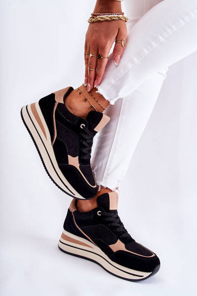 Women's Suede Sports Shoes Black and Beige Elisse