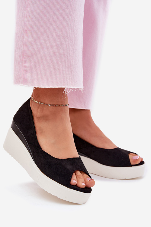 Damskie Sandały Eko Zamszowe Na Koturnie Czarne Velira