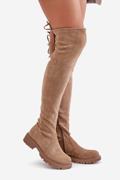 Knee High Boots On Flat Heel Made Of Eco Suede Beige Arkelia
