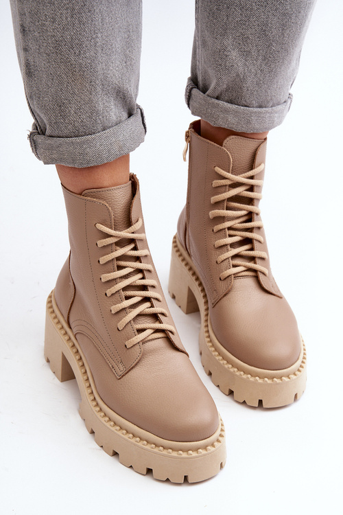 Workery Botki Skóra Naturalna Masywny Obcas Beżowe Zazoo 3413