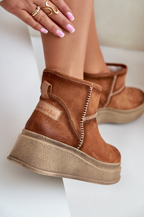 Damskie Śniegowce Botki Skórzane Zamszowe Na Platformie I Koturnie Brązowe Maciejka 06769-29