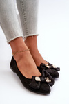 Women's Eco-Suede Ballerina Flats with Bow and Brooch Black Satris