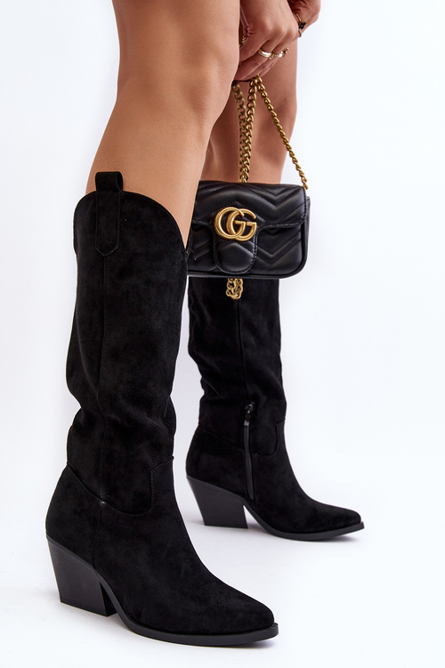 Kozaki Kowbojki Przed Kolano Na Obcasie Czarne Oppore N22-1