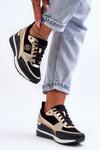 Buty Sportowe Damskie Sznurowane Koturn Czarno-Złote Genova 21PB35-4001