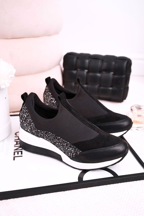 Damskie Skórzane Sneakersy Na Koturnie Czarne Srebrne Frances