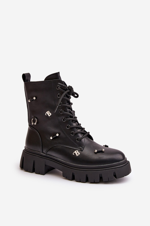 Workery Botki Damskie Eko Skórzane Z Ozdobami Czarne Cadenilla