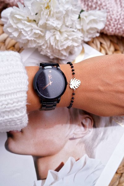 Women's Chain Bracelet Gold Black Beads Leaf Muser