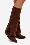 Women's Slip-On Cowboy Boots With Heels And Fringes Brown Zalia