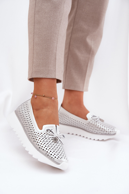 Półbuty Damskie Ażurowe Na Platformie Skóra Naturalna Srebrne D&A LR51-631