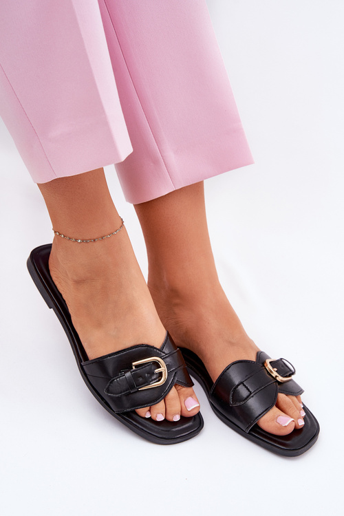 Damskie Eko Skórzane Klapki Płaskie Z Klamrą Czarne Esiobb