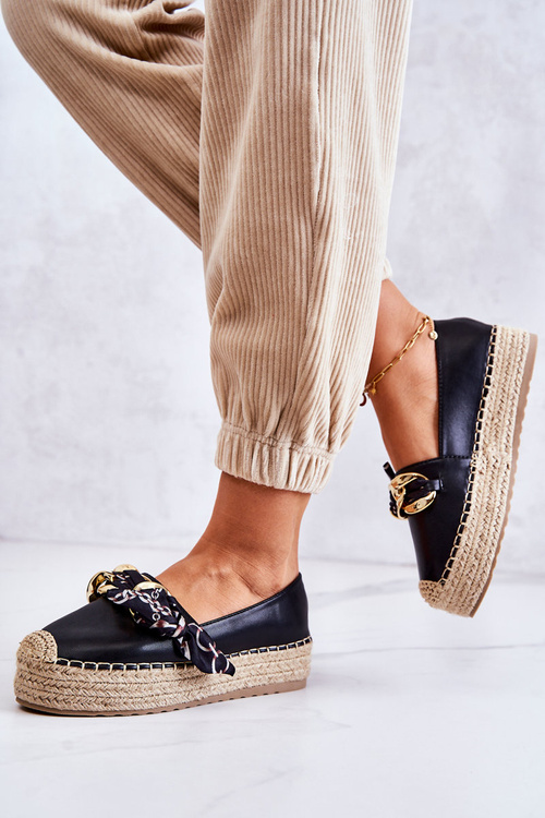 Espadryle Skóra Damskie Ozdobny Łańcuch Czarne Fancy