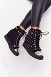 Lined Wedge Boots with Rhinestones Suede Black Lu Boo