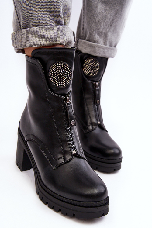 Women's Leather Boots with Rhinestones Black Rosie
