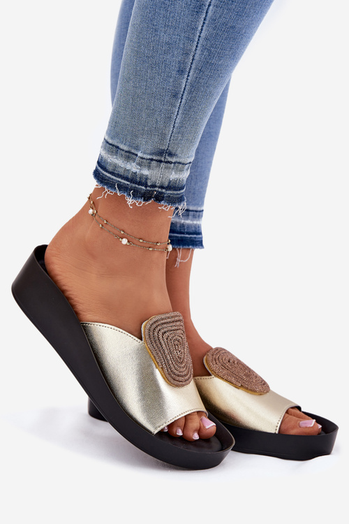 Damskie Klapki Skóra Naturalna Złote KV51-028