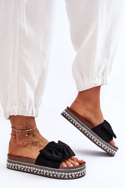 Women's Suede Slippers With Bow Black Lauria