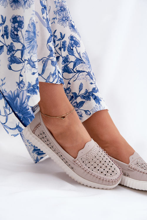 Leather Women's Moccasins With Openwork Pattern Vinceza 88028 Beige