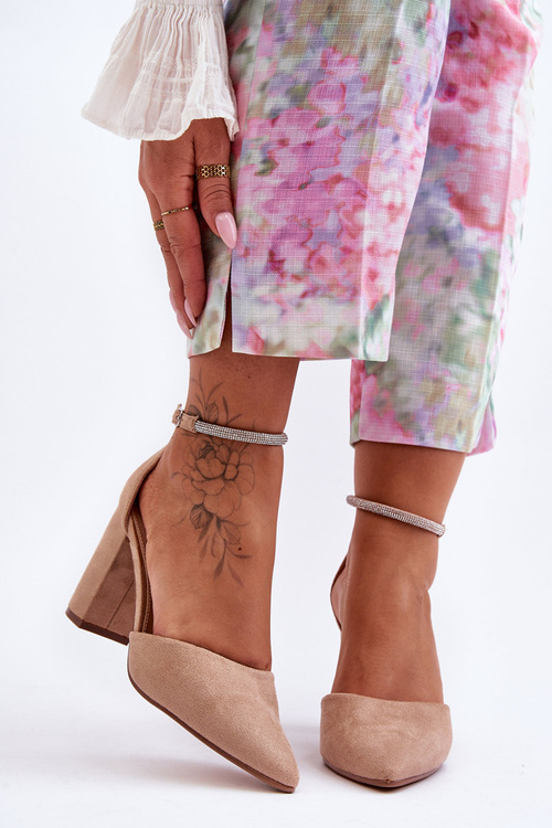 Czółenka Zamsz Cyrkonie Ciemnobeżowe Diamond QA207