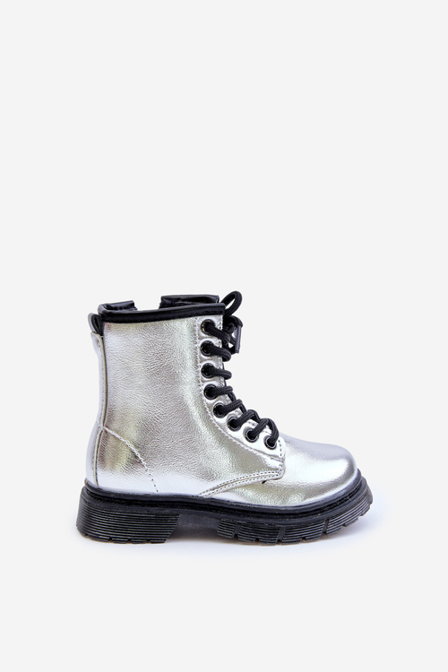 Lined Girls Patent Ankle Boots with Zip Silver Novita
