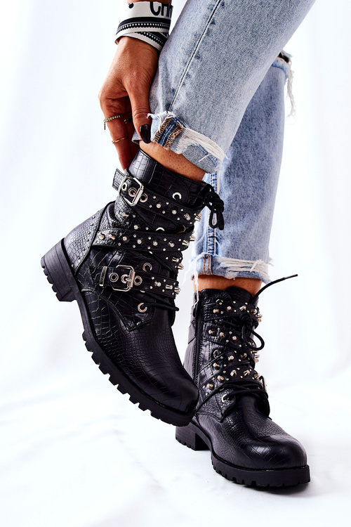 Leather Strapless Boots with Animal Pattern Black Kepherine